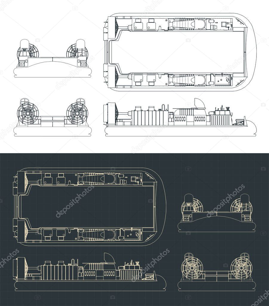 Stylized vector illustration of blueprints of navy carrier hovercraft