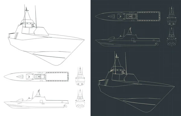 Stylized Vector Illustrations Blueprints Modern Stealth Corvette — стоковый вектор