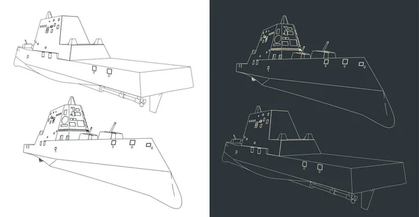 Stylized Vector Illustrations Modern Stealth Warship Sketches — Stockvektor