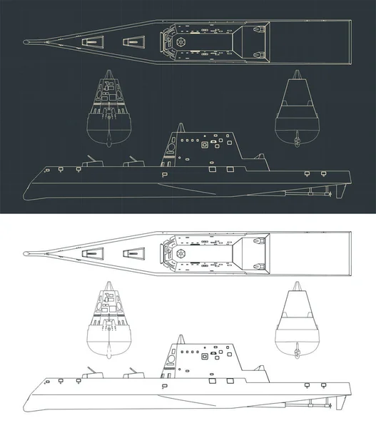Stylized Vector Illustrations Blueprints Modern Stealth Warship — 图库矢量图片
