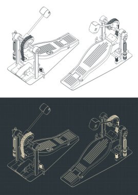 Bas davul pedalının izometrik planlarının biçimlendirilmiş vektör çizimleri