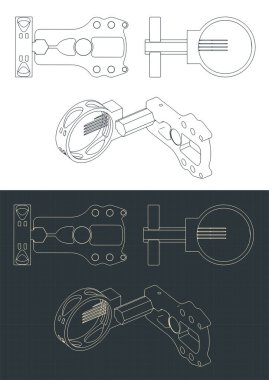 Bileşik okçuluk görüşünün izometrik planlarının stilize vektör çizimleri