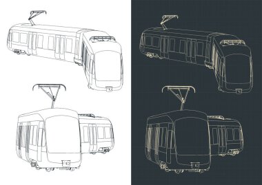 Stylized vector illustrations of drawings of a modern tram clipart