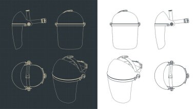 Koruyucu yüz plastik maskesinin planlarının biçimlendirilmiş vektör çizimleri