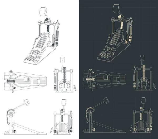 Bassdrum pedalının planlarının biçimlendirilmiş vektör çizimleri