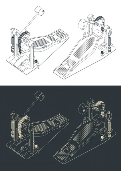 Bas davul pedalının izometrik planlarının biçimlendirilmiş vektör çizimleri