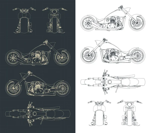 Стилизованная Векторная Иллюстрация Чертежей Мотоцикла Крейсера — стоковый вектор