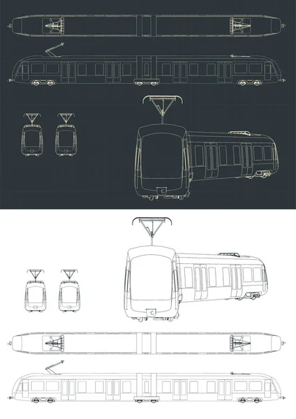 Stylized Vector Illustrations Blueprints Modern Tram — Stock Vector