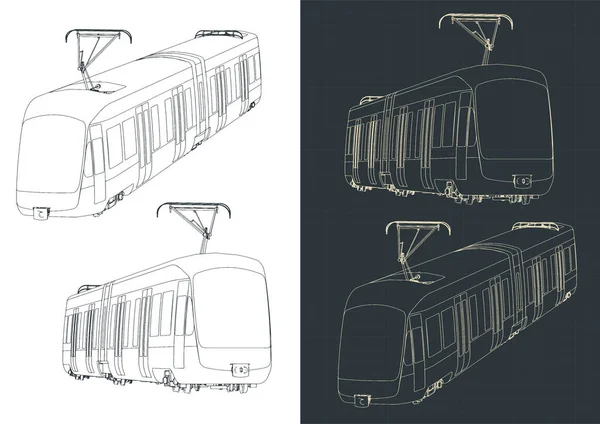 Stilisierte Vektorillustrationen Von Zeichnungen Einer Modernen Straßenbahn — Stockvektor