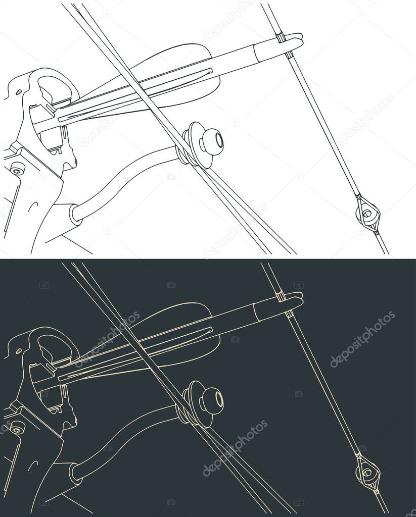 Stylized vector illustration of an arrow, bowstring, bow shelf and peep sight close-up on a compound bow