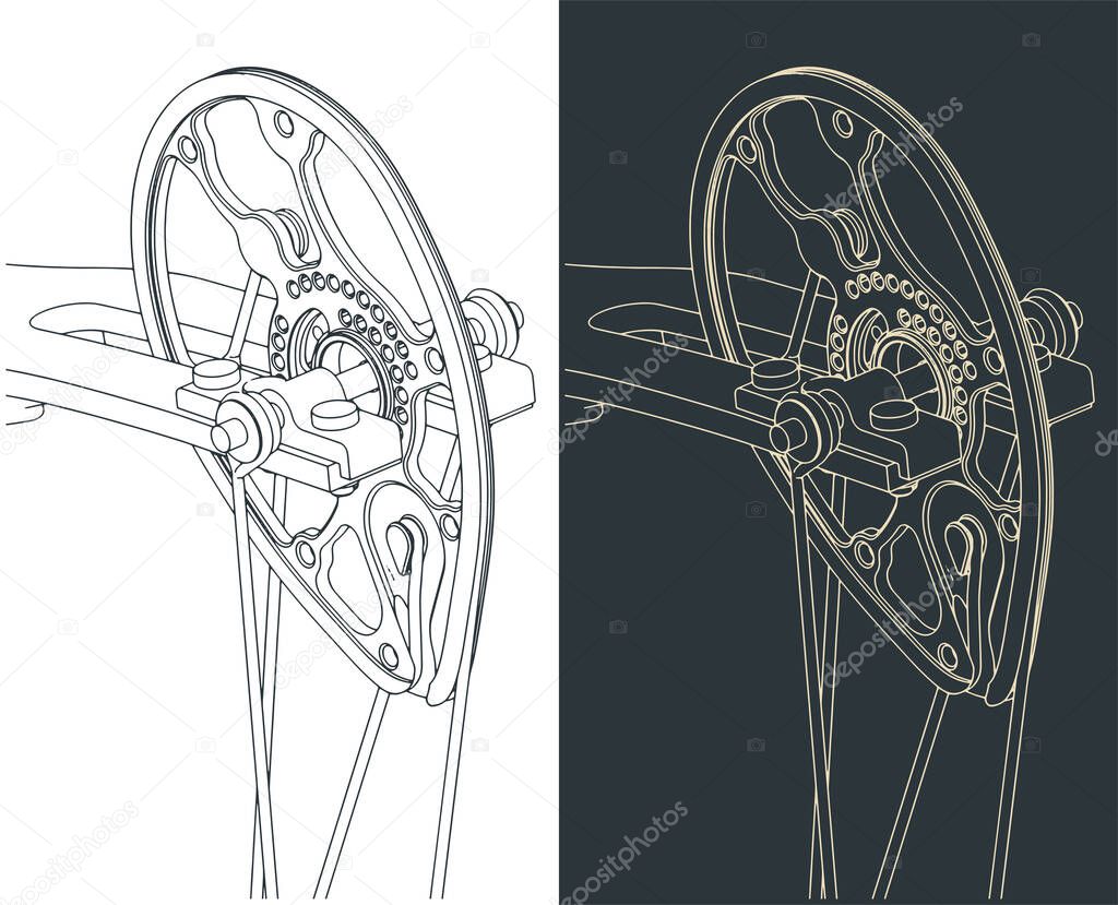 Stylized vector illustrations of compound bow cam close-up