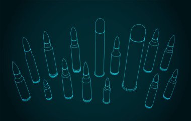 Çeşitli kalibre mermilerin biçimlendirilmiş vektör çizimleri