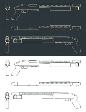 Pompalı tüfeğin planlarının biçimlendirilmiş vektör çizimleri