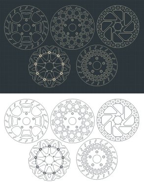 Fren disklerinin planlarının biçimlendirilmiş vektör çizimi