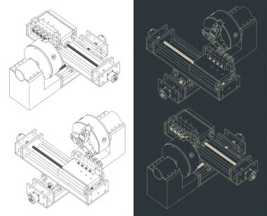 CNC torna makinesinin izometrik planlarının biçimlendirilmiş vektör çizimi