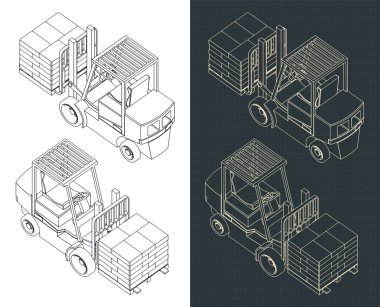 Yük taşıyan forkliftin izometrik planlarının stilize vektör çizimi