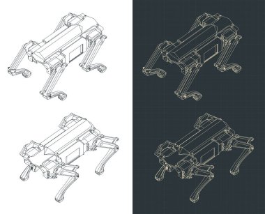 Dört ayaklı robotun izometrik planlarının biçimlendirilmiş vektör çizimi