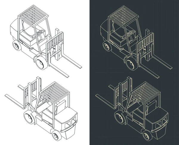 Stilisierte Vektorillustration Isometrischer Baupläne Von Gabelstaplern — Stockvektor