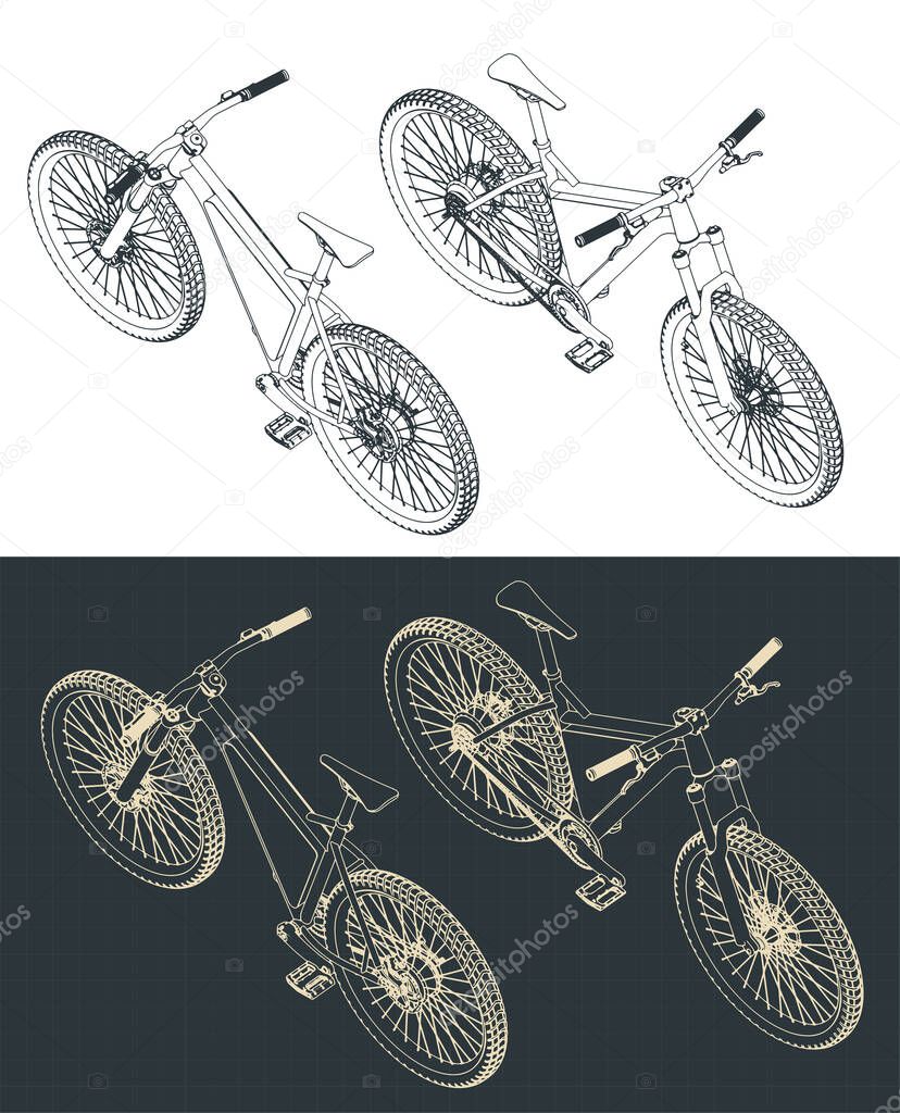 Stylized vector illustration of isometric blueprints of electric bike