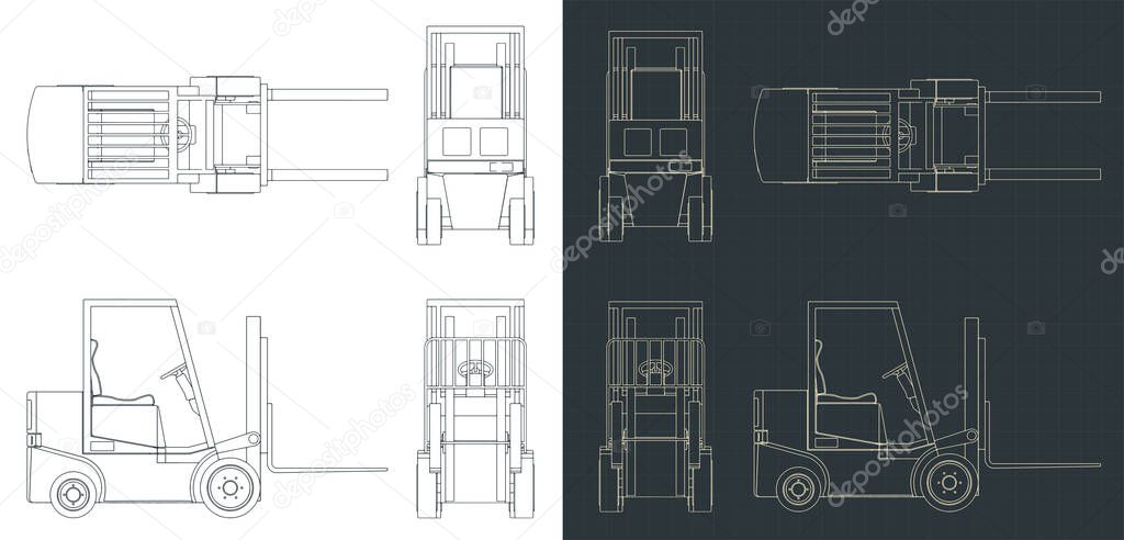 Stylized vector illustration of blueprints of forklift