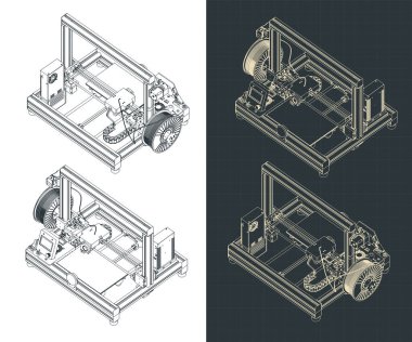3D yazıcının izometrik planlarının biçimlendirilmiş vektör çizimi