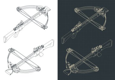 Blok yaylı tüfeğinin izometrik planlarının biçimlendirilmiş vektör çizimi