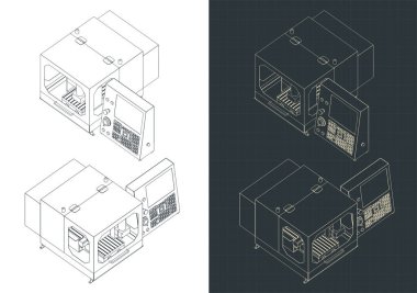 Masaüstü CNC yönlendirici makinesinin izometrik planlarının biçimlendirilmiş vektör çizimi