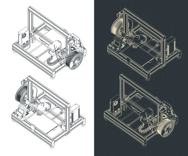 3D yazıcının izometrik planlarının biçimlendirilmiş vektör çizimi