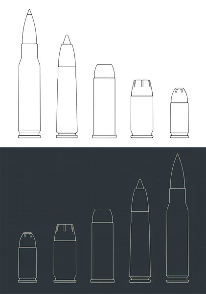 Stylized Vector Illustration Blueprints Bullets Various Calibers — Vetor de Stock
