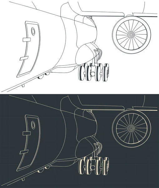 Stilizált Vektoros Illusztráció Nehéz Teherszállító Légi Járművek Közeli Futóműveiről Turbólégcsavaros — Stock Vector