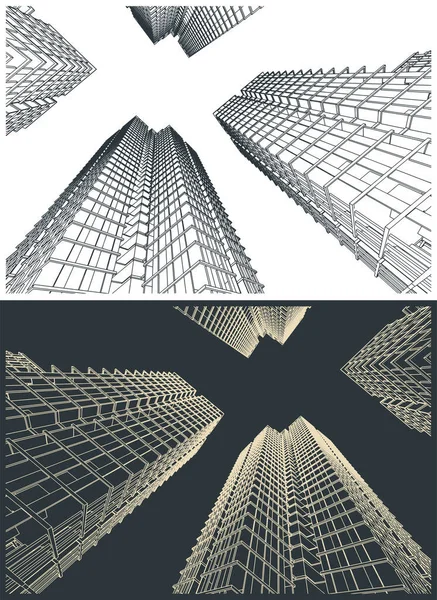 Stylized Vector Illustration Drawings Skyscrapers — Vettoriale Stock