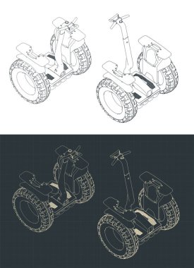 Segway 'in izometrik planlarının biçimlendirilmiş vektör çizimleri