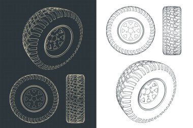 SUV tekerleğinin çizimlerinin biçimlendirilmiş vektör çizimi