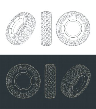 Kamyon lastiğinin planlarının biçimlendirilmiş vektör çizimi