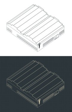 Fabrika binasının izometrik planlarının stilize edilmiş vektör çizimi