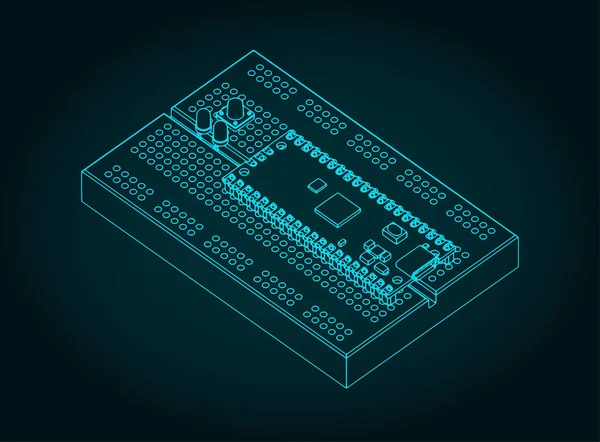 その上のブレッドボードとマイクロコントローラのスタイルベクトル図 — ストックベクタ