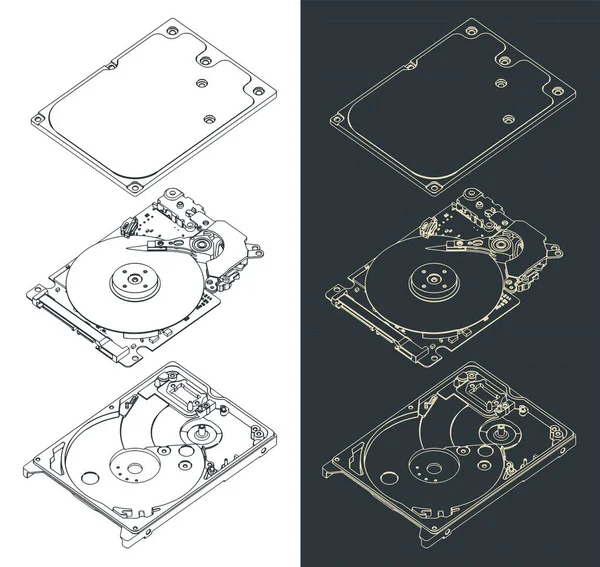Stylized Vector Illustration Hard Drive Disk Disassembled Drawings — Stock Vector