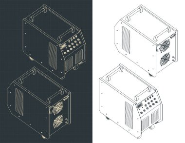 Kaynak makinesinin izometrik planlarının biçimlendirilmiş vektör çizimleri