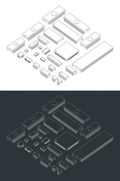 Illustrations Vectorielles Stylisées Plans Isométriques Différents Microcircuits — Image vectorielle