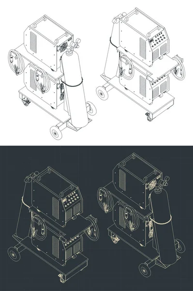 Stylizowane Ilustracje Wektorowe Izometrycznych Rysunków Maszyn Spawalniczych Wózku Spawalniczym — Wektor stockowy