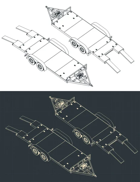 Gestileerde Vectorillustratie Van Isometrische Blauwdrukken Van Aanhangwagens — Stockvector