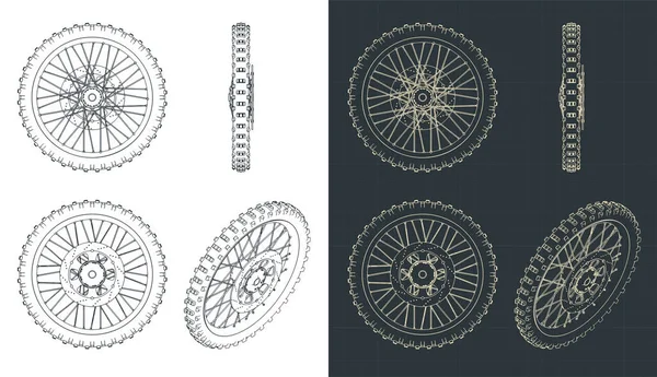 ディスクブレーキとスプロケット付きダートバイクフロントホイールの設計図のスタイルベクトルイラスト — ストックベクタ