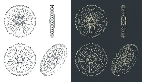 Gestileerde Vector Illustraties Van Blauwdrukken Van Crossmotor Voorwiel Met Schijfremmen — Stockvector