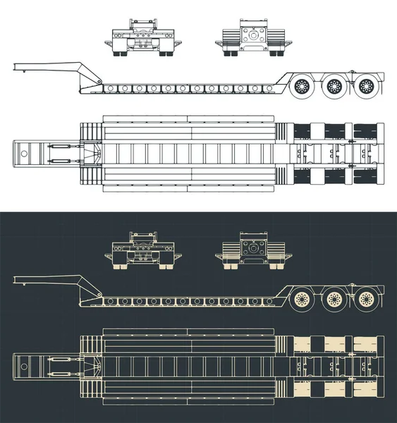 ローボーイトレーラーの設計図のスタイルベクトルイラスト — ストックベクタ