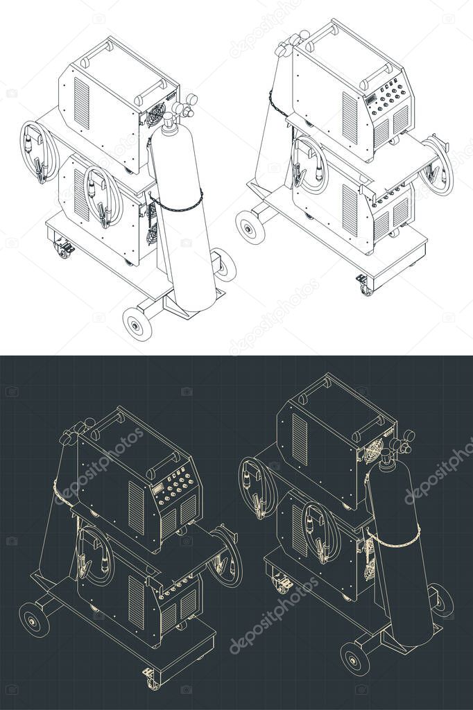 Stylized vector illustrations of isometric drawings of welding machines on the welding cart