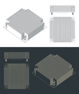Sunucu işlemci soğutucusunun planlarının biçimlendirilmiş vektör çizimi