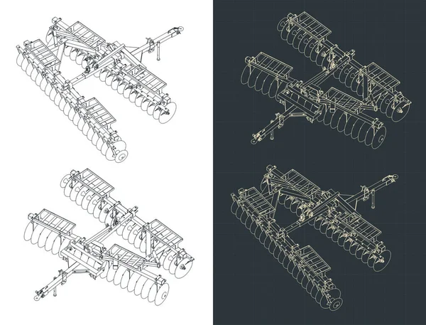 Стилізована Векторна Ілюстрація Ізометричних Креслень Дискової Борони — стоковий вектор