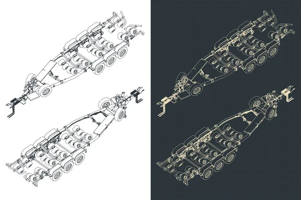 Stylized Vector Illustration Isometric Blueprints Big Tri Axle Boat Trailer — ストックベクタ