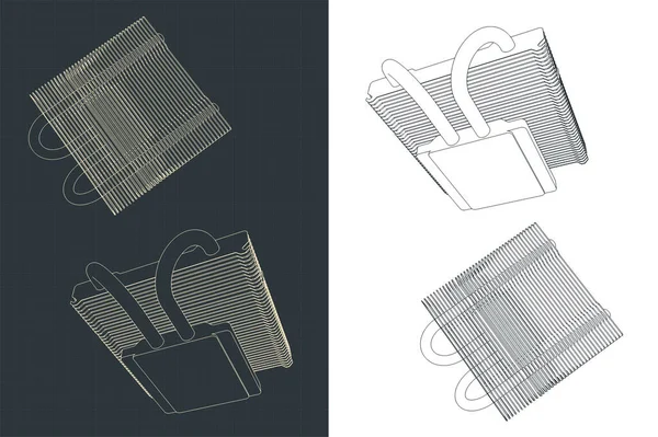 Illustrazione Vettoriale Stilizzata Disegni Dissipatore Calore Sottile Cpu Cooler — Vettoriale Stock