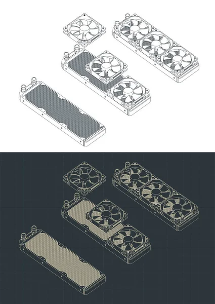 Stylized Vector Illustrations Isometric Blueprints Three Section Computer Liquid Cooling — Vetor de Stock